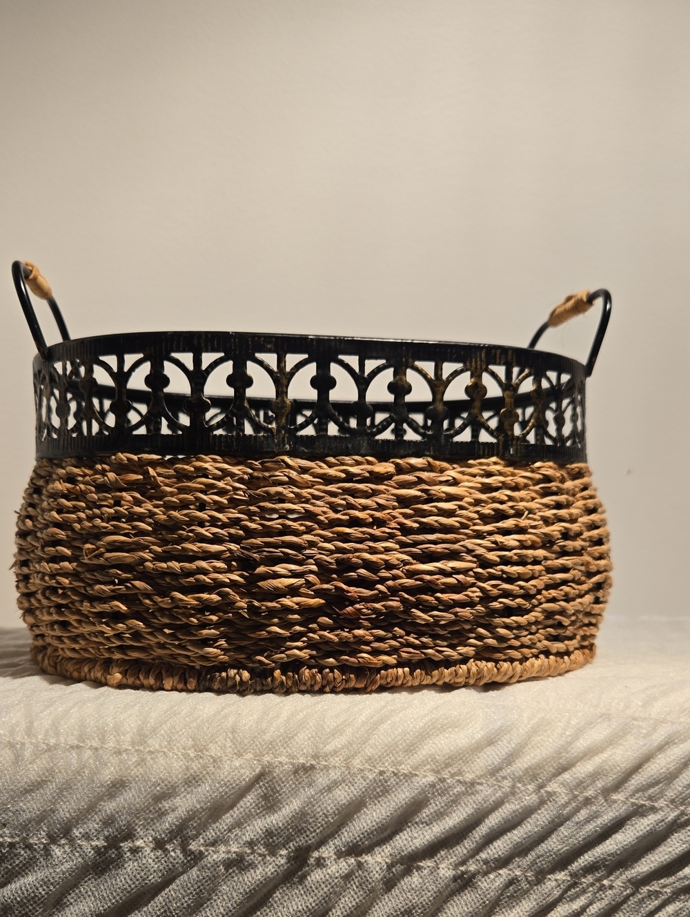 Woven Seagrass Storage Basket with Black Metal Trim